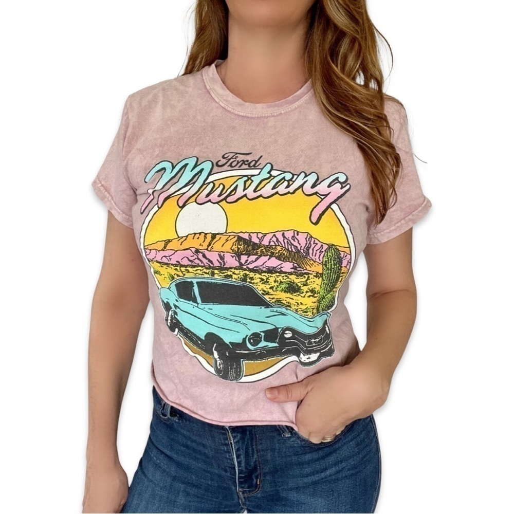 Ford Acid Wash  pink old Mustang graphic tee muscle car crop distressed